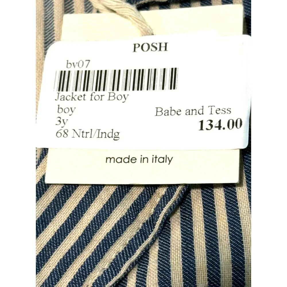 Babe & Tess Boys Striped Cotton Jacket Size 3 Made In Italy New